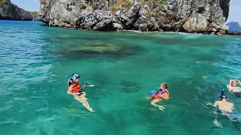 Group of guests snorkeling in clear turquoise water beside limestone cliffs, Palawan