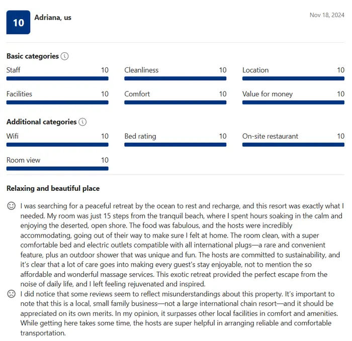 Booking.com 10/10 review titled 'Relaxing and beautiful place', perfect scores across every category